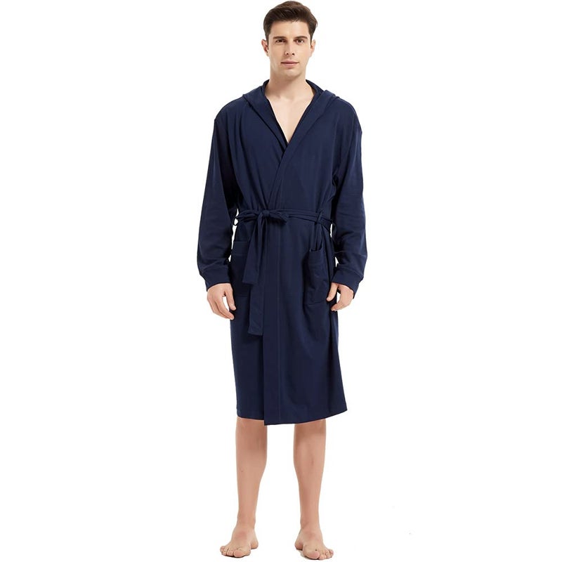 HOLOVE Mens Hooded Cotton Robes Soft Lightweight Dressing Gowns with Pockets Plus-size Spa Bathrobe (Blue 2XL/3XL) - Image 2